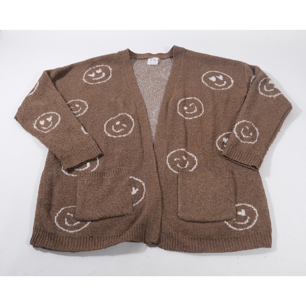 Hippie Rose Cardigan Women XL Brown Smiley Face Heart Eyes Open Front HF2S43527C